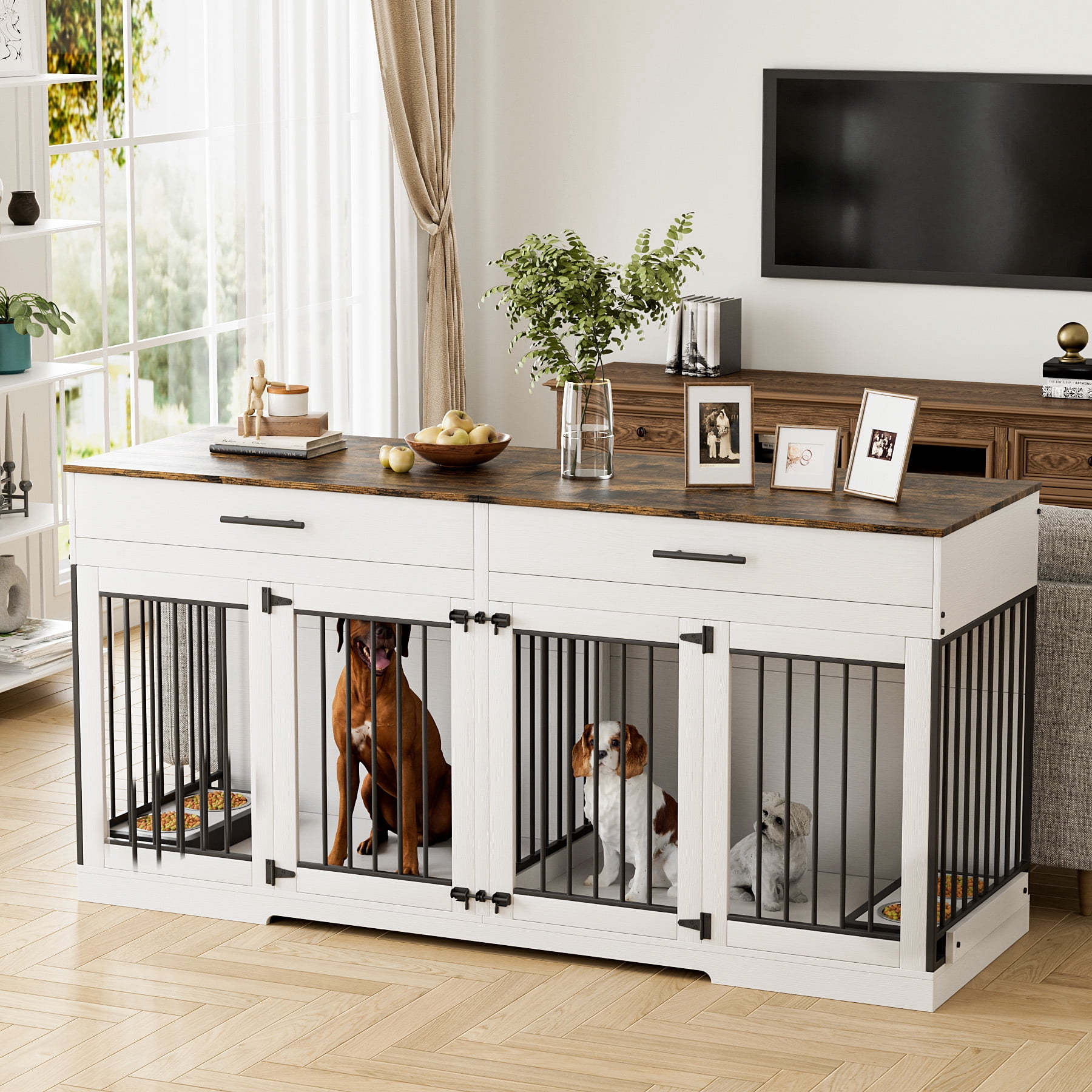 WIILAYOK 72.05" Dog Crate Furniture, Wooden Dog Kennel with 2 Drawers and 4 Dog Bowls, Heavy Duty Indoor Furniture Style Dog Cage House