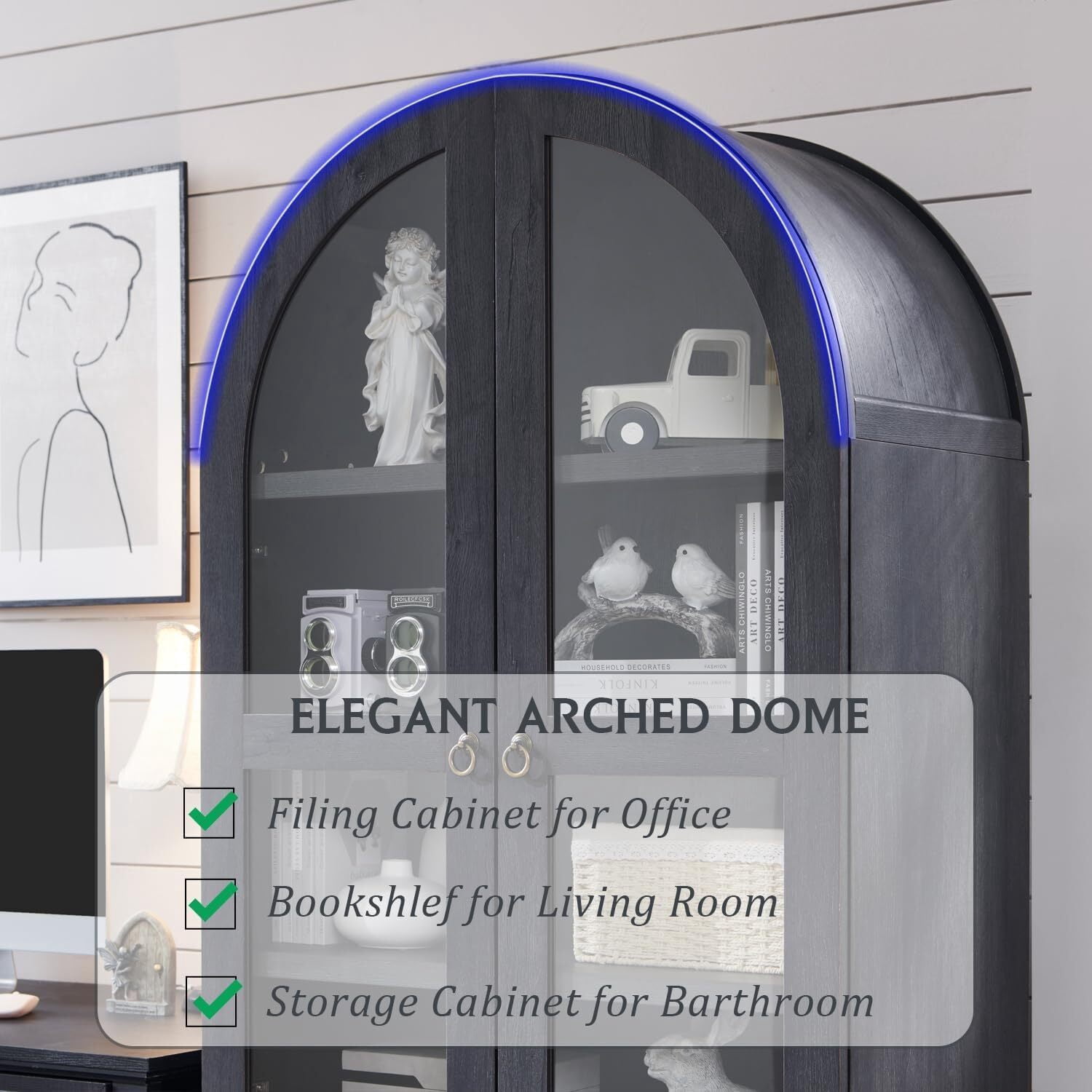 Arch Bookshelf with Storage Set of 2, Tall Bookcase with Glass Doors & Drawers
