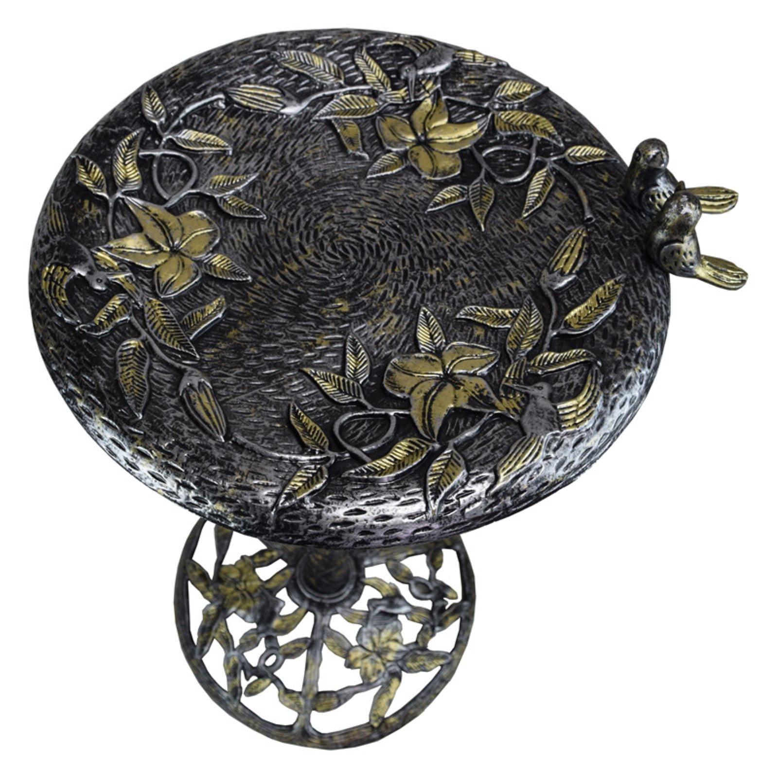 Oakland Living  34 in. Handmade Solid Heavy Tall Black & Gold Cast Aluminum High Quality Metal Bird Bath with Twin Singing Birds, Antique Silver