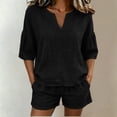 thumbnail image 2 of Women's Cotton Elastic Waist Two Piece Outfit V Neck Ruffle Short Sleeve Top with Shorts, Solid Casual Summer Set, Lounge Maternity Activewear Shorts | VerBelle,Black L, 2 of 8