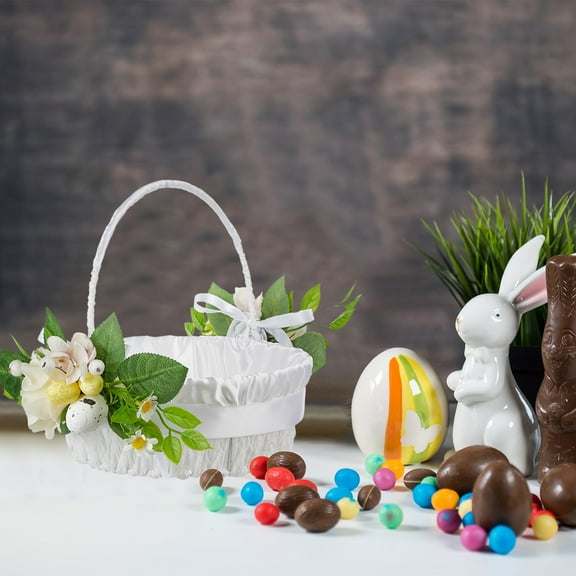 Specollect New Easter Portable Wicker Basket with Handle, Woven Flower Girl Baskets with Plastic Liner, Decorative Eggs Candy Storage, Willow Rattan Basket for Wedding, Gifts, Camping, Home Decor