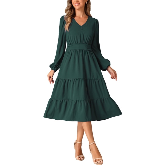 Vestido INSPIRE CHIC con escote en V para mujeres, con mangas de linterna, volantes, estilo A-line, elegante y casual, midi, color verde oscuro, talla L