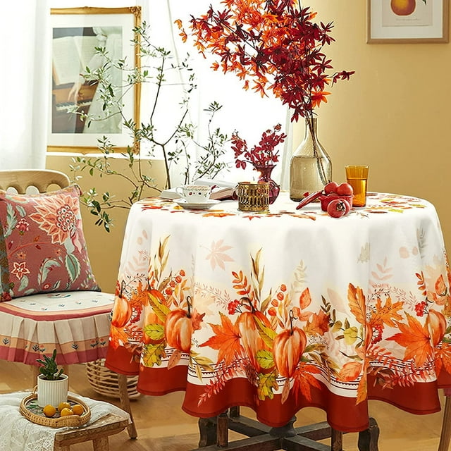 Fall Thanksgiving Tablecloth ,Pumpkin Maple Pine Cones Thanksgiving Round Table Cloth 60 x 60 for Farmhouse Decor,Perfect for Kitchen Dinner, Restaurant ,Outdoor Holiday Picnic Table Cover