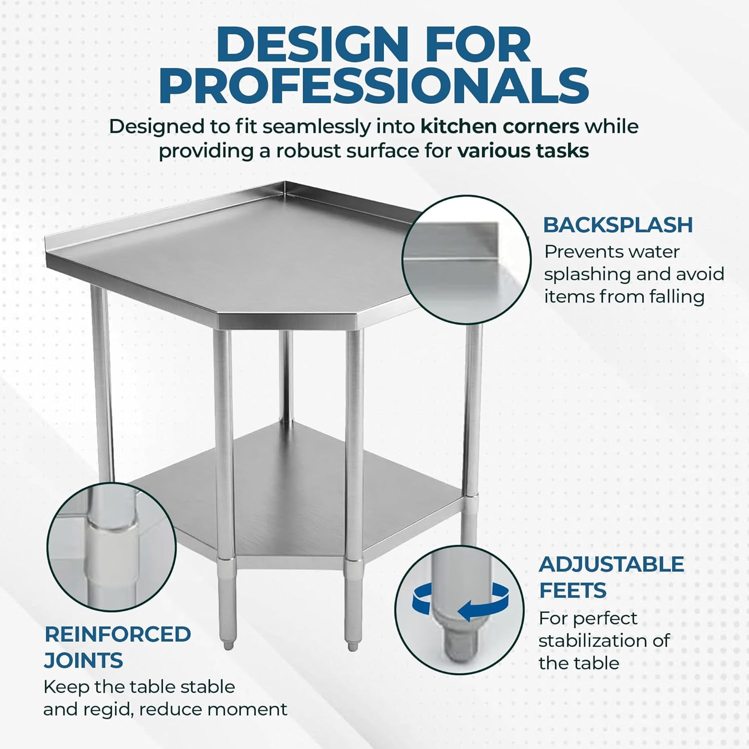 Stainless Steel Corner Work Table 30" x 30" with Backsplash & Galvanized Undershelf, 5-Leg Support Commercial Prep Table for Restaurant Kitchen