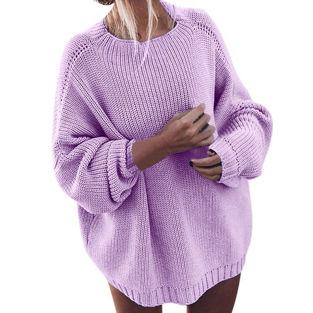 Aocisk Chandail Tricoté Ample à Col Rond et Épaules Tombantes pour Femmes, Mode Hiver, Violet, TG