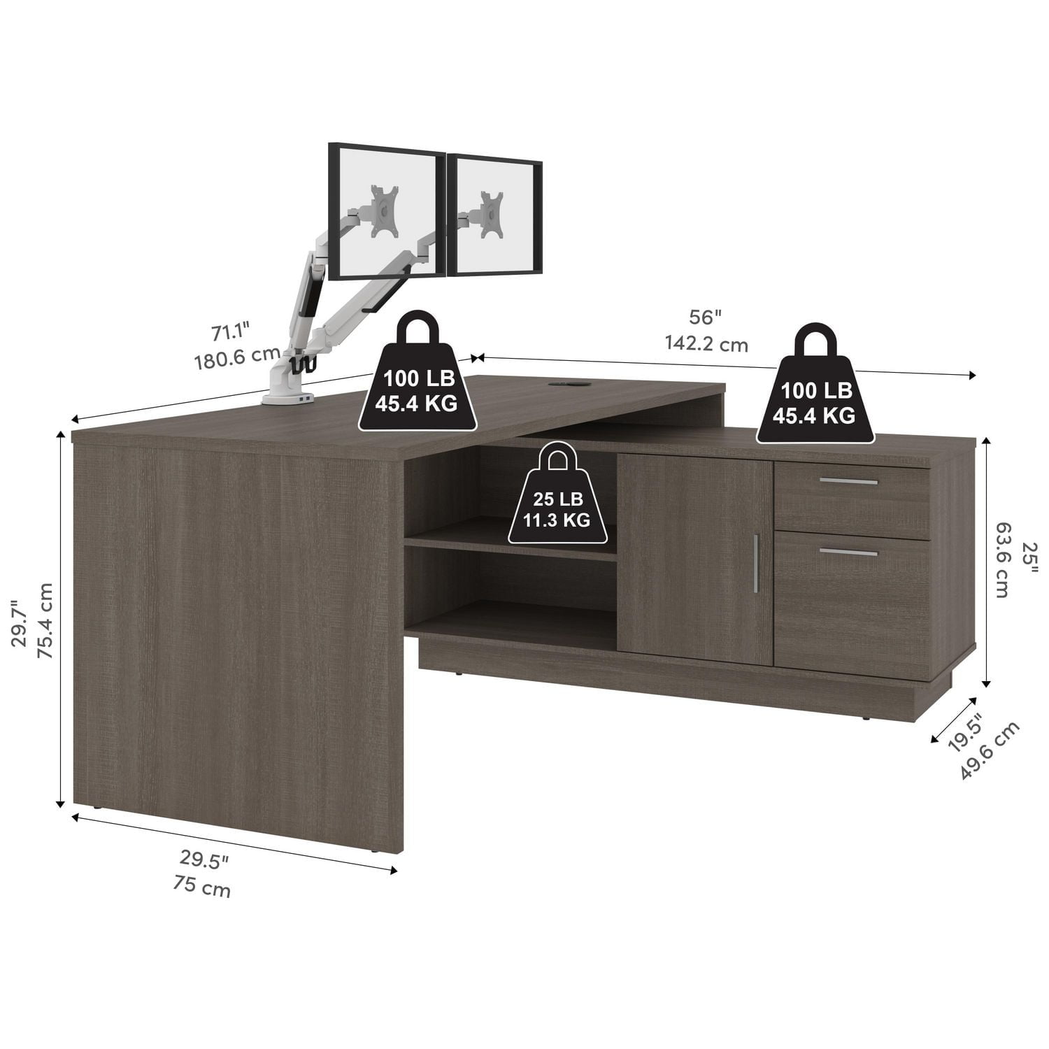 Bestar Equinox 72W L-Shaped Desk with Monitor Arms in bark grey & white