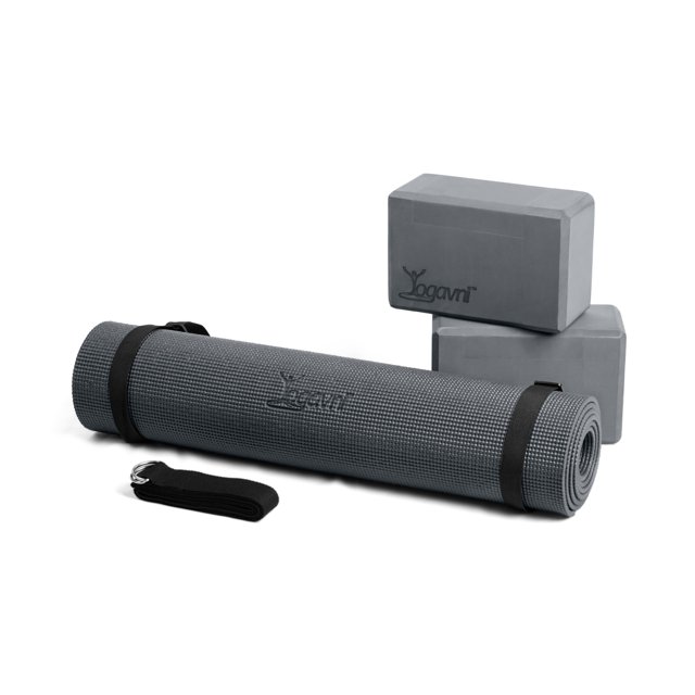 Yoga Essentials - 6mm Mat 1pr 4in Foam Blocks 8ft strap and loop strap - 5pc - Yogavni (Grey)