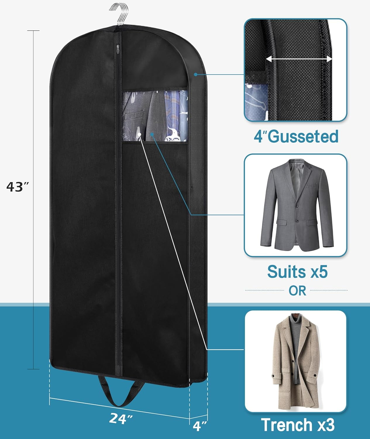 KIMBORA 43" Suit Bags for Closet Storage and Travel, Gusseted Hanging Garment Men Cover With Handles Clothes, Coats, Jackets, Shirts（3 Packs）