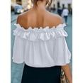 thumbnail image 5 of Women's Off Shoulder Ruffle Trendy Short Sleeve Blouse Casual Outfits Layered Tops White XXL, 5 of 6