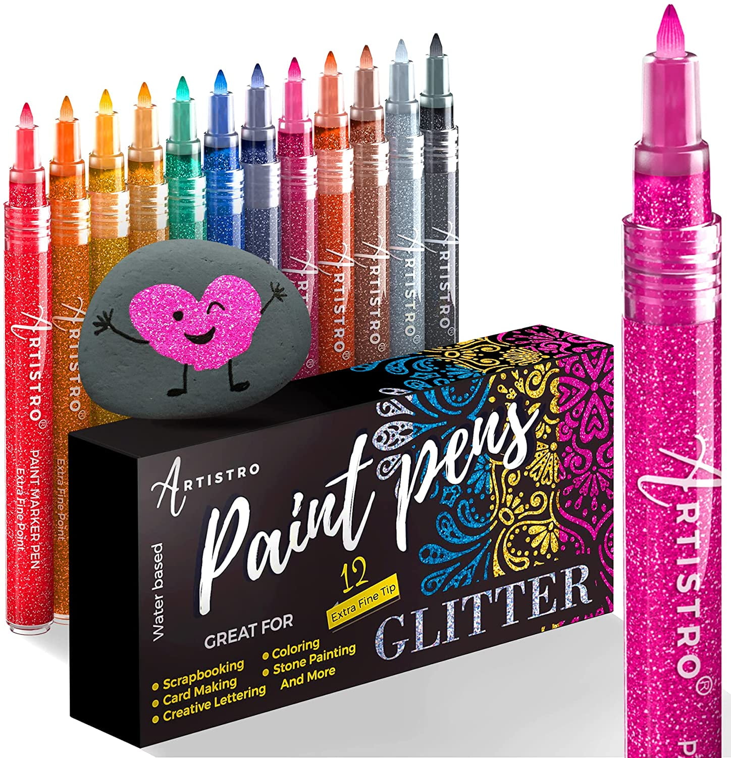 Penixo Acrylic Paint Pens Set of 12 Premium Markers Extra Fine Tip for Rocks, 