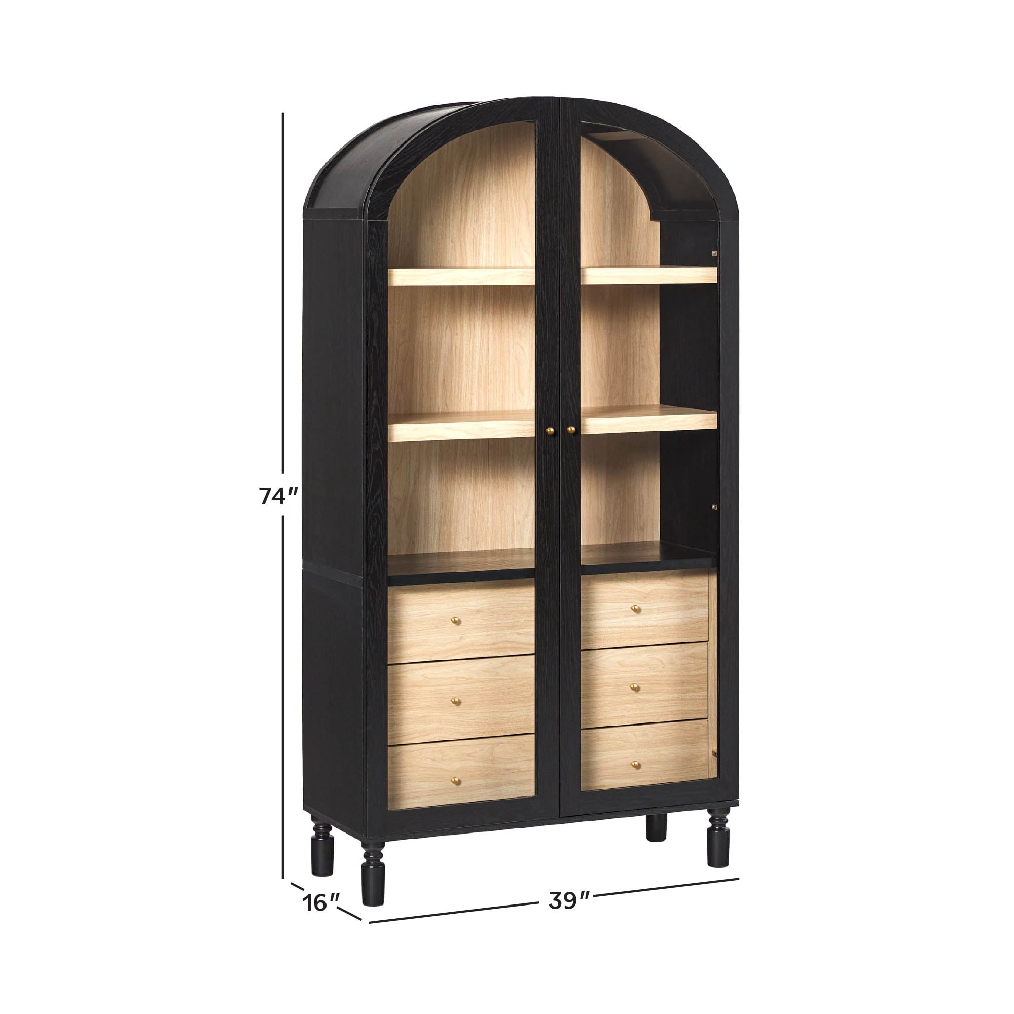 Walker Edison Modern Arched Bookshelf Tall Glass Door Cabinet with Inner Drawers, Black