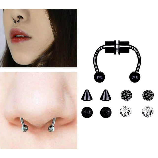 Maoww Magnetic Fake Septum Nose Rings Hoop Horseshoe for Women Bright Black