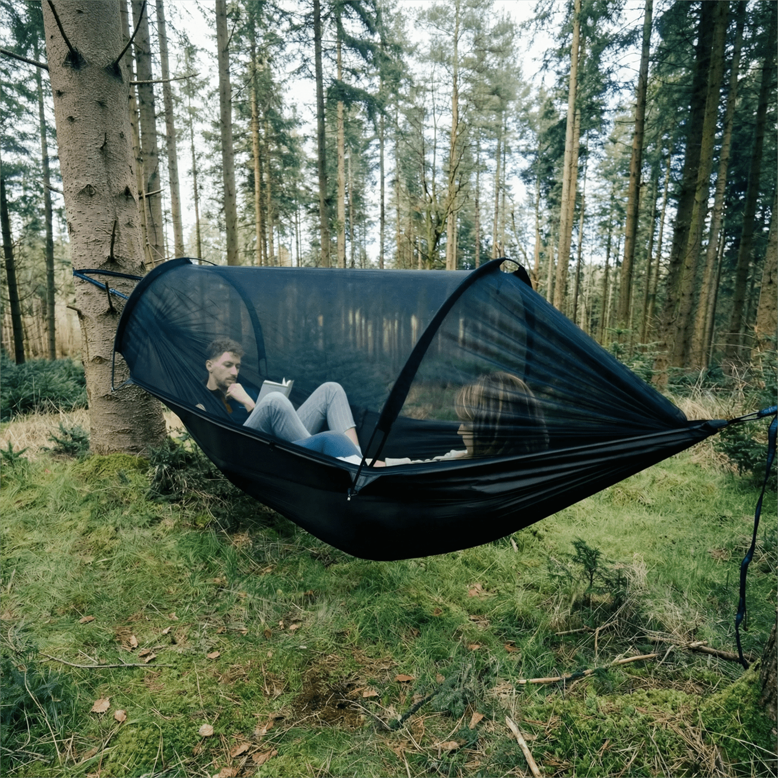 Sunyear Double & Single Camping Hammock with Tent-Like Mosquito Net & Aviation Aluminum Poles (NOT a Face-Hugging Net), Easy Setup 600lbs