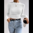 thumbnail image 4 of Tops de Punto Gofre para Mujer, Camisas de Larga, Camisetas Informales Ajustadas con Cuello Redondo, Jerséis L, 4 of 8
