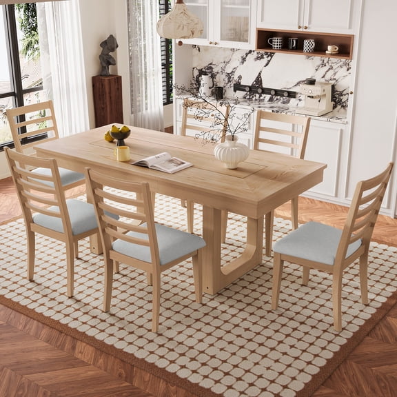 FFZ 7 Piece Extendable Dining Set with 6 Upholstered Chairs, Farmhouse Styl, Beige Natural