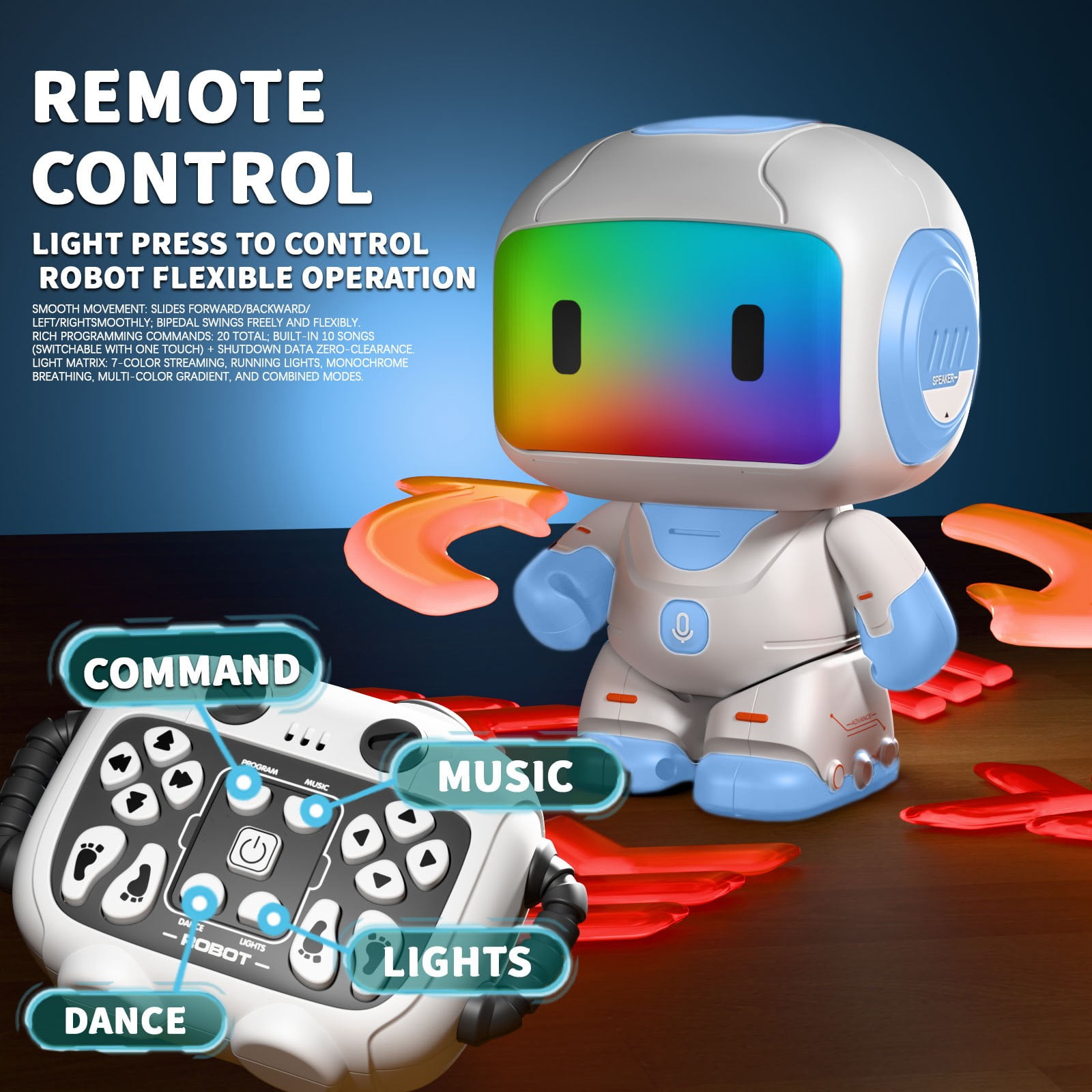 Smart Interactive Robot Toy with Remote Control & Touch Sensor, Programmable Dancing Robot with Music, Lights & Voice Recorder for Kids,Blue
