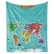 YOSITiuu World Map Throw Blanket, Colorful Map Playroom Theme Cartoon Continents, Flannel Fleece Accent Piece Soft Couch Cover for Adults, 50" x 70", Yellow Blue