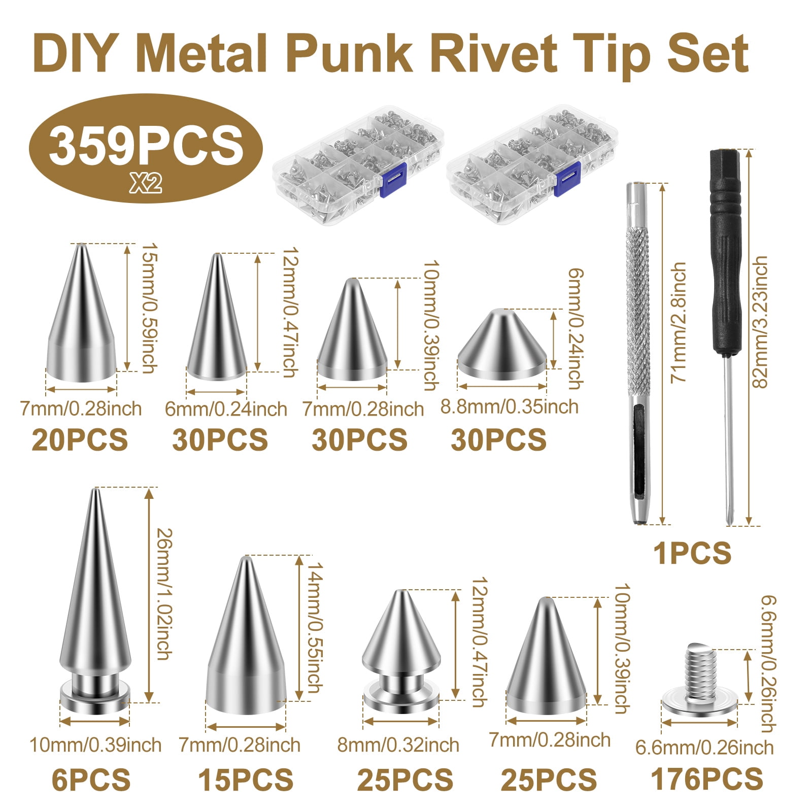 Ikoopy 718Pcs Punk Spikes and Studs Kit Zinc Alloy Silver Cone Spike and Stud Rivet Kit 8 Size Metal Leather Tree Spike Assortment Tool for Clothing Jacket Shoes Wallet