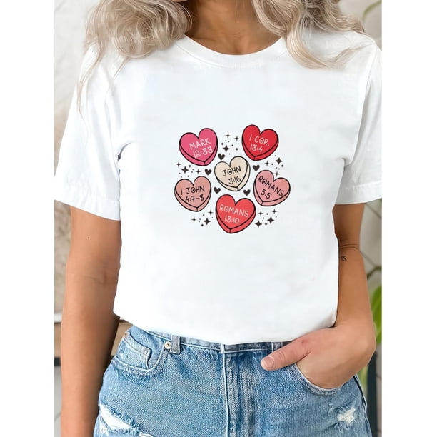 Women's Christian Valentine's Day T-Shirt, 100%cotton Crew Neck Short Sleeve Tee with Love & Cupid Heart Print, Casual Knit Fabric Top for All Seasons