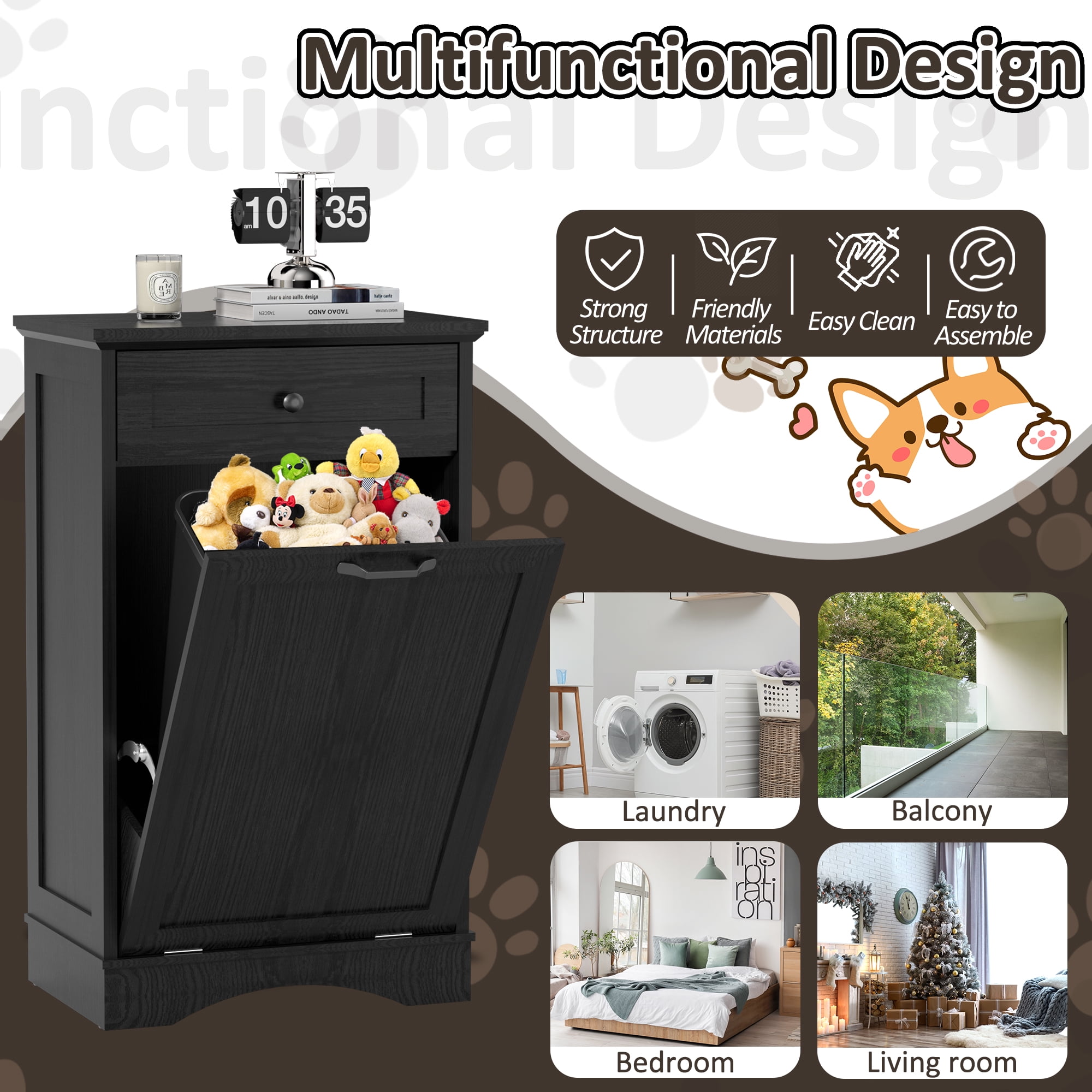 HARIPUL 13 Gallon Tilt Out Trash Cabinet for Kitchen, Single Kitchen Trash Can Cabinet with Drawers, Black