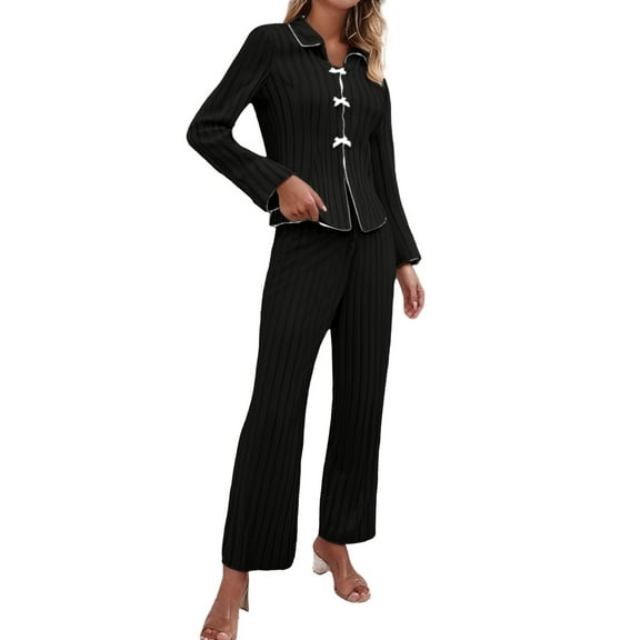 Pajamas For Women Set Christmas Ribbed Sets For Women Pullover V Neck Long Sleeve Sleepwear Matching Comfy Long Pants Outfits Pajama Set