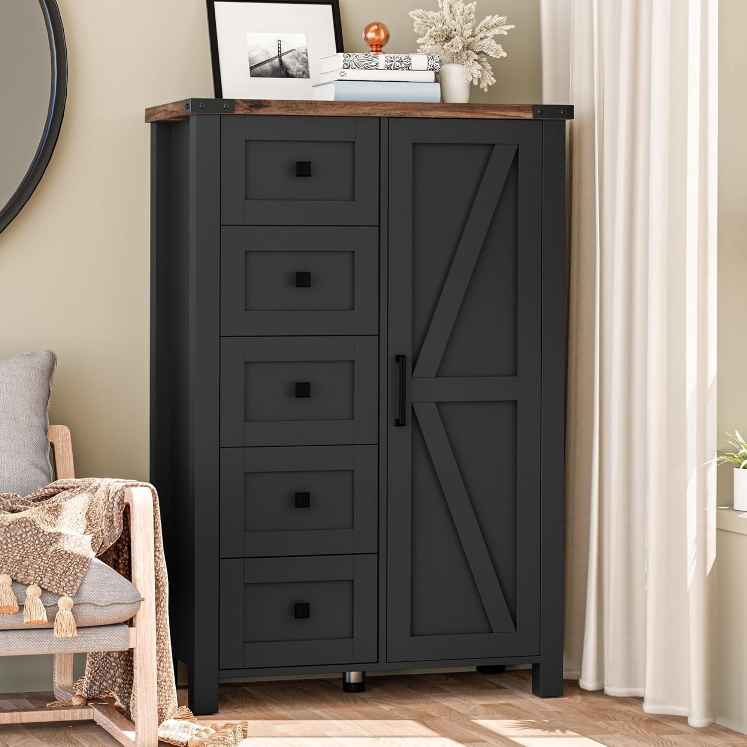 VVFLU Farmhouse 5 Drawer Dresser Storage Cabinet Chest of Drawer for Bedroom, 48" Tall Black Wood