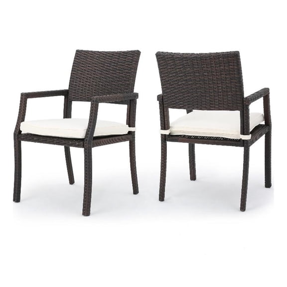 Roeh Outdoor Dining Chair Set of 2- Contemporary Wicker and Brown Fabric