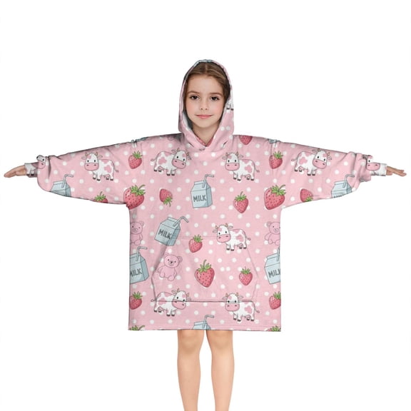 Pink Cow Milk Strawberry Pattern Blanket Hoodies for Kids 6-13YR Oversize Wearable Blanket Hoodies for Boys Girls Teens