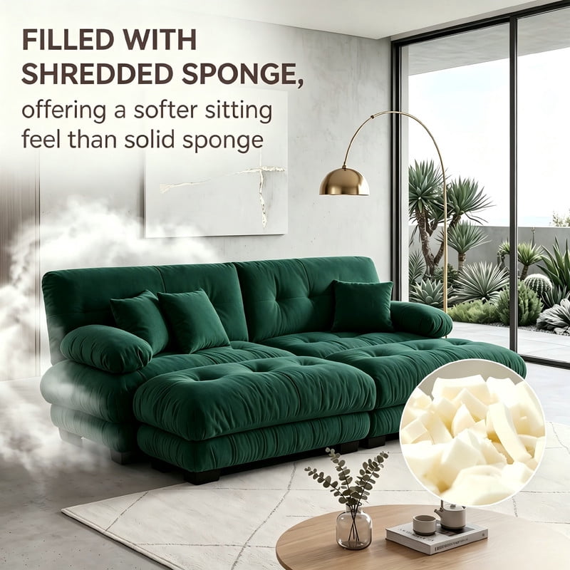 ANPPORT Cloud Couch Sleeper Sofa, Chenille Green 2-Seater Modular Sofa with 2 Ottomans, 2 Lumbar pillows, 2 Pillows, Comfy Deep Seat Cloud Sofa, Convertible L-Shaped Floor Couch for Living Room