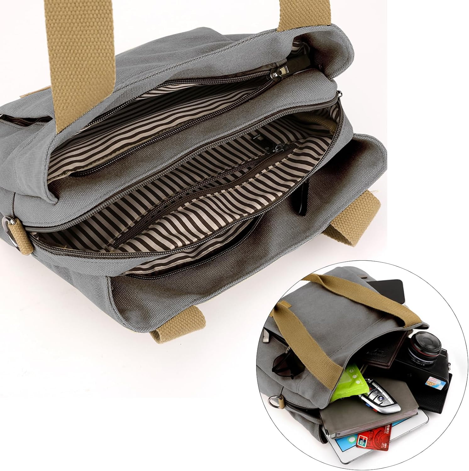 Heavy Duty Canvas Organized Hobo Bag for Women Daily Shoulder Crossbody Bag with 3 Compartment