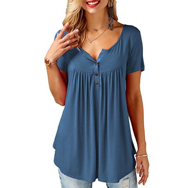 JustVH Blouse Décontractée Unie Henley Col en V pour Femmes Tunique Plissée à Boutons