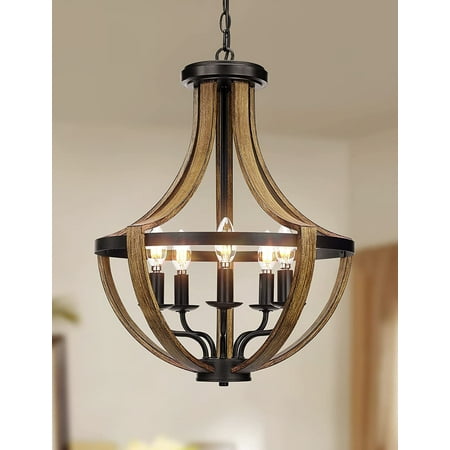 

JSTCL 17.7 Modern Farmhouse Geometric Chandelier Light Fixture5-Light Adjustable Height Rustic Hanging Pendant Lighting for Dining Room Foyer Kitchen Island‎Retro Wood Texture and Black Finish