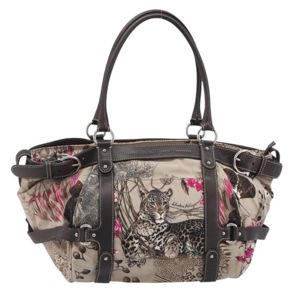Pre-Owned Salvatore Ferragamo Convertible Belted Boston Fiera Printed Nylon With Leather Beige Nylon Handbag