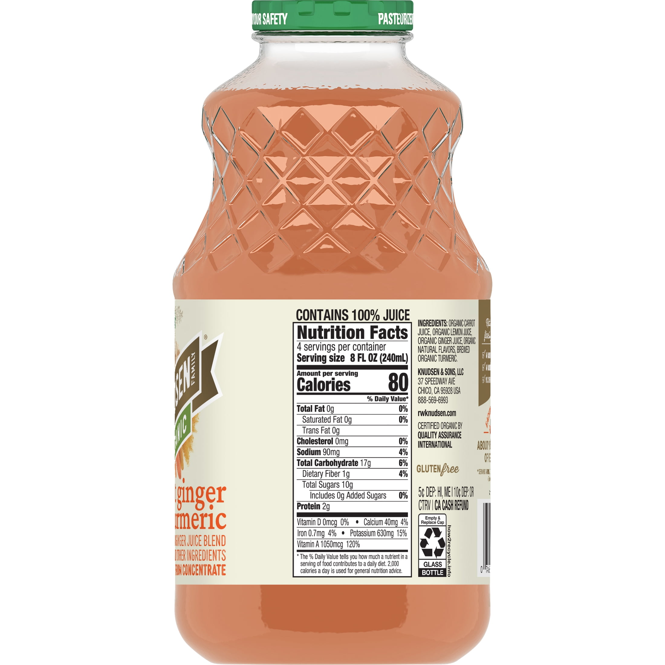 R.W. Knudsen Family Organic Carrot Ginger Turmeric Beverage, 100% Juice, 32 oz, Glass Bottle