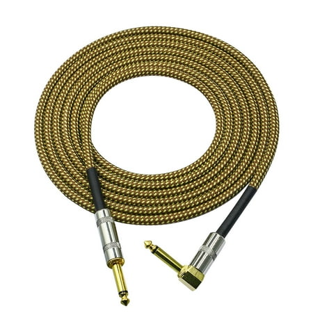 6 Meters/ 20 Feet Musical Instrument Audio Guitar Cable Cord 1/4 Inch Straight to Right-angle Gold-plated TS Plugs PVC Braided Fabric Jacket for Electric Guitar Bass Mixer Amplifier