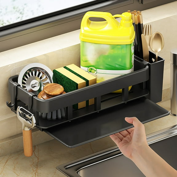 Srofufon Kitchen Rust Resistant Sink Caddy with Removable Brush Holder and Drain Tray, Black