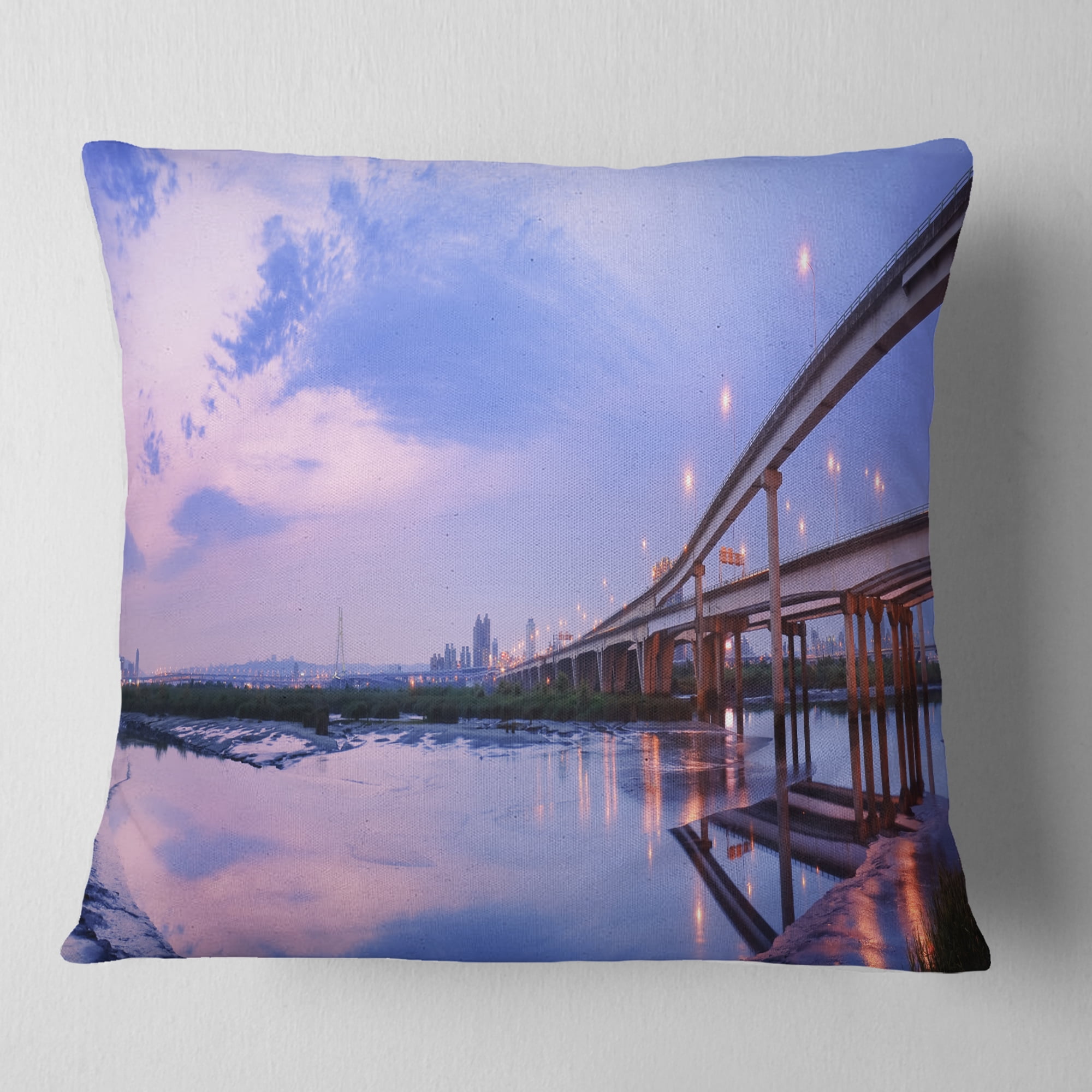 Designart Purple Beach with Pier - Seashore Photography Throw Pillow - 18x18