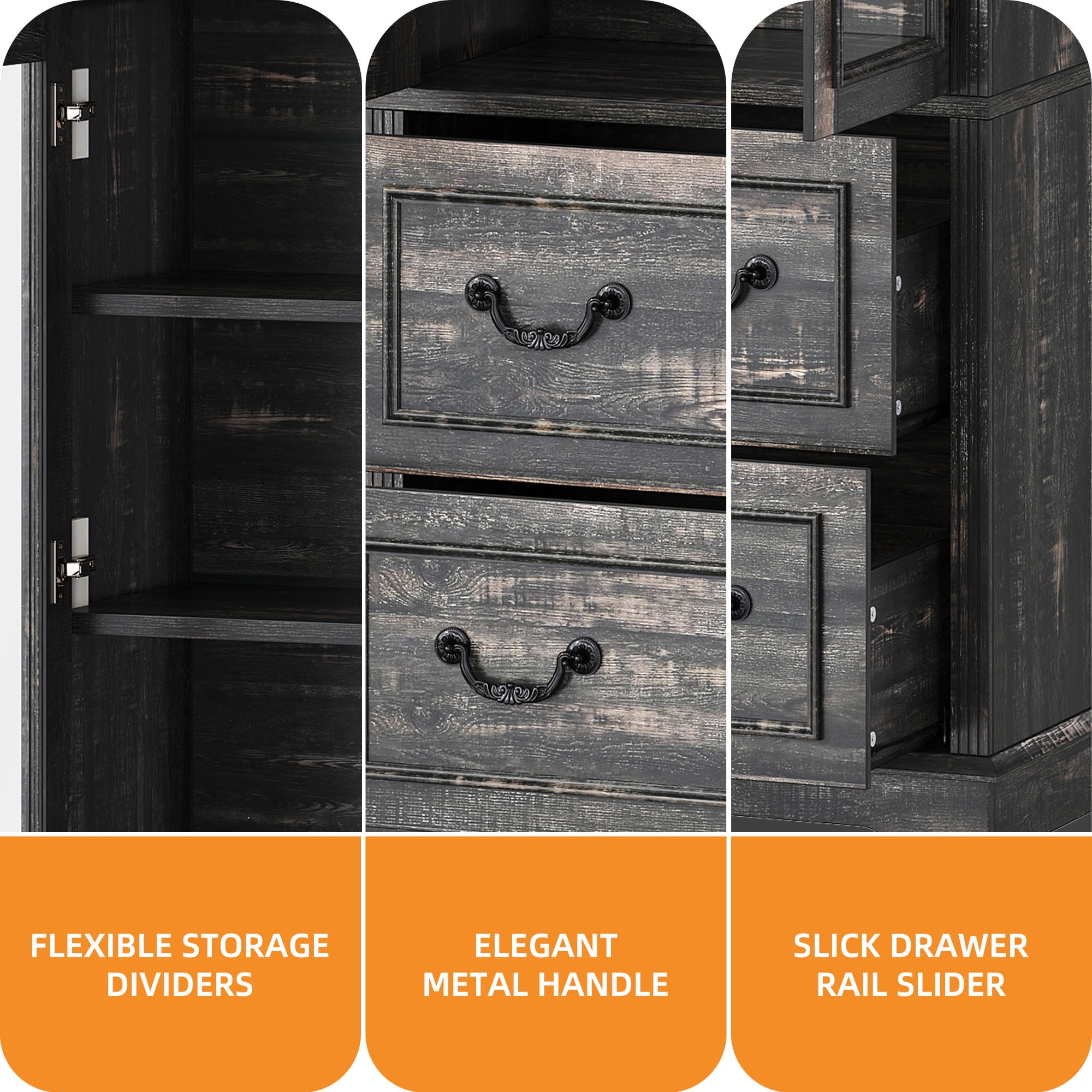 Craftian 76'' Kitchen Pantry Cabinet with 2 Drawers, Tall Storage Cabinet with Glass Doors & Adjustable Shelves, Dark Rustic Oak