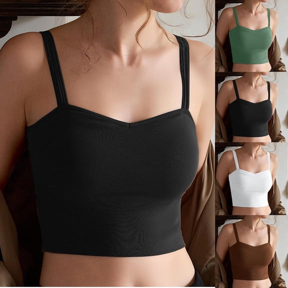 YHAJDS Womens Built In Bra Tank Tops Workout Tops Solid Color V Neck Sleeveless Summer Bandeau Cami