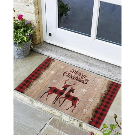 

Indoor Outdoor Mats Merry Christmas Red Plaid Elk and Snowflake on Retro Wood Grain Door Mat Non-Slip Absorbent Resist Dirt Entrance Mat Washable Welcome Mats for Entryway Low-Profile Floor Mats