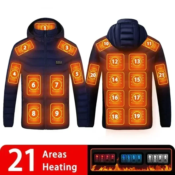 21 ZONAS DE CALEFACCIÓN Chaqueta para hombre Nueva Parka de calefacción eléctrica USB de invierno Ropa de abrigo para mujer Abrigo acolchado de algodón con capucha cálido impermeable