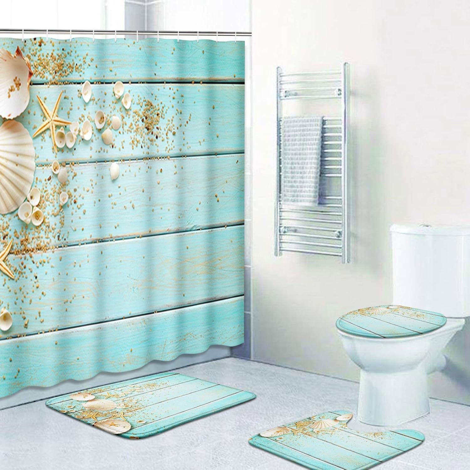 4 Pcs Shower Curtain Set Starfish Seashells Wooden Nautical Sand Beach Shell Sea Blue with Non-Slip Rugs Toilet Lid Cover and Bath Mat Bathroom Decor Set 72" x 72"