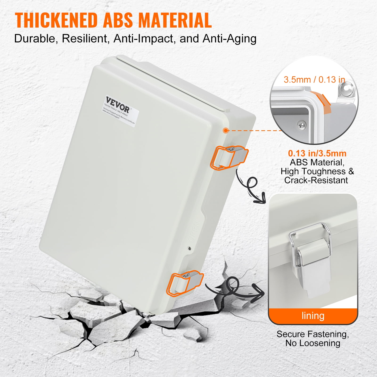 VEVOR Outdoor Electrical Junction Box, 16.93 x 12.99 x 7.09 in, ABS Plastic Electrical Enclosure Box with Hinged Cover Stainless Steel Latch, IP67 Dustproof Waterproof