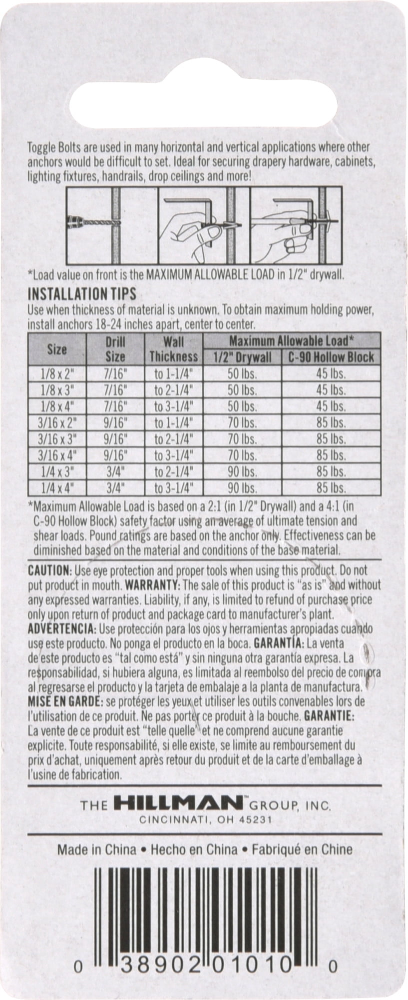 Hillman 591272 Toggle Bolts, Zinc Plated (3/16" x 3") 70 lbs 2 Sets