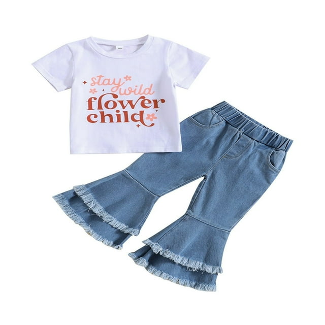 Cute Toddler Girl Summer Outfits Floral Letter Tops + Flare Jeans