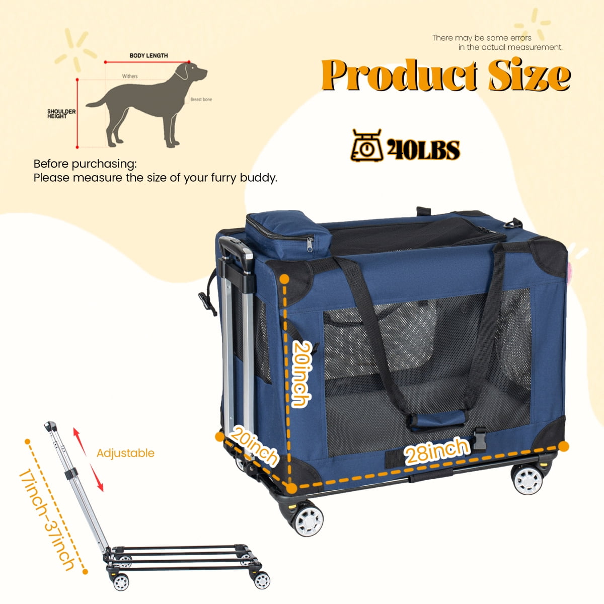 28" Collapsible Travel Dog Crate with Wheels, 3-Door Rolling Pet Carrier for Medium Large Dogs, Foldable Kennel with Mesh Windows (Dark Blue)
