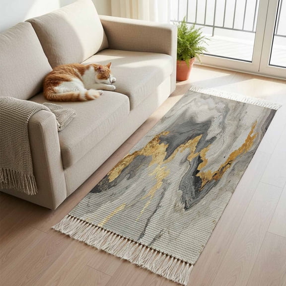 Yellow Grey Ombre Kitchen Runner Rug 2'x4', Modern Marble Ink Painting Washable Rug with Tassels, Non Slip Woven Cotton Bathroom Rugs Hallway Carpet for Foyer Bedroom Entry Back Door Decor