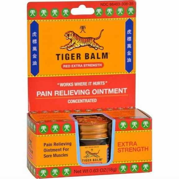Tiger Balm Concentrated Pain Relieving Ointment For Sore Muscles, Red Extra Strength, 0.63 oz, 6 Pack