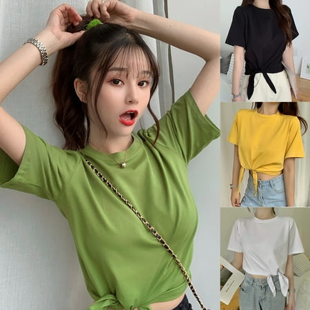 

Taluosi Women Summer Stylish Irregular Knot Solid Color O Neck Short Sleeves T-shirt Top
