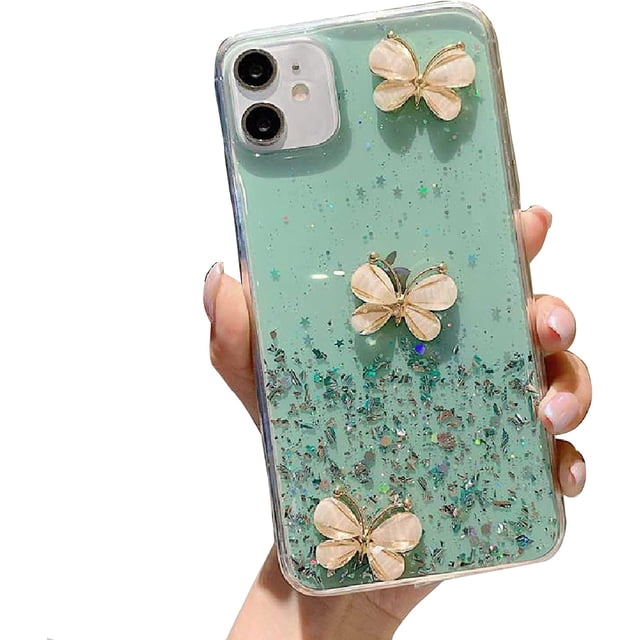 Crystal Glitter Mobile Phone Case Compatible with iPhone 12 Pro Case Transparent Diamond Butterfly Soft TPU Silicone and PC Bumper Protective Case with Crystal Chain Shockproof Case Cover